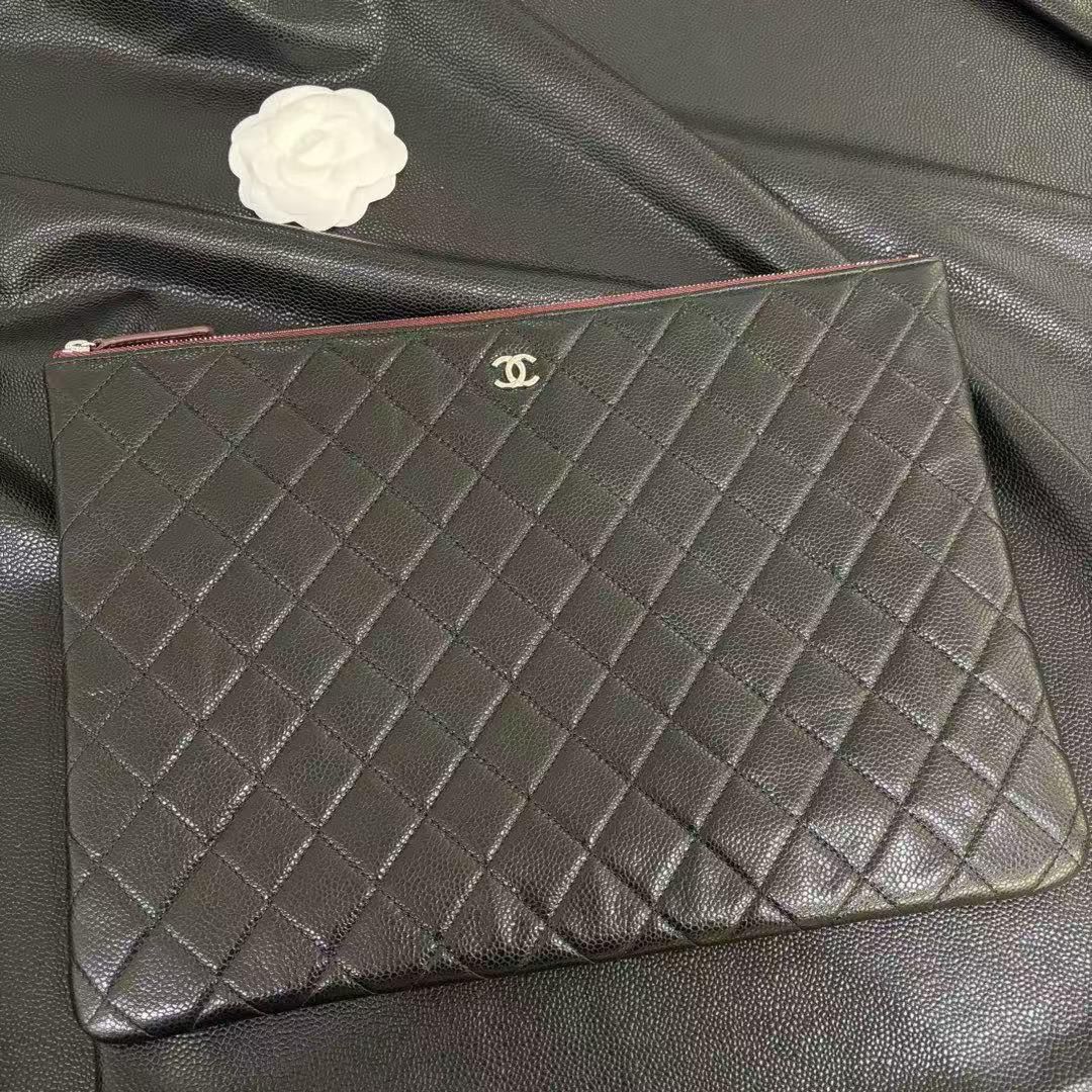 Black Leather Caviar Clutch