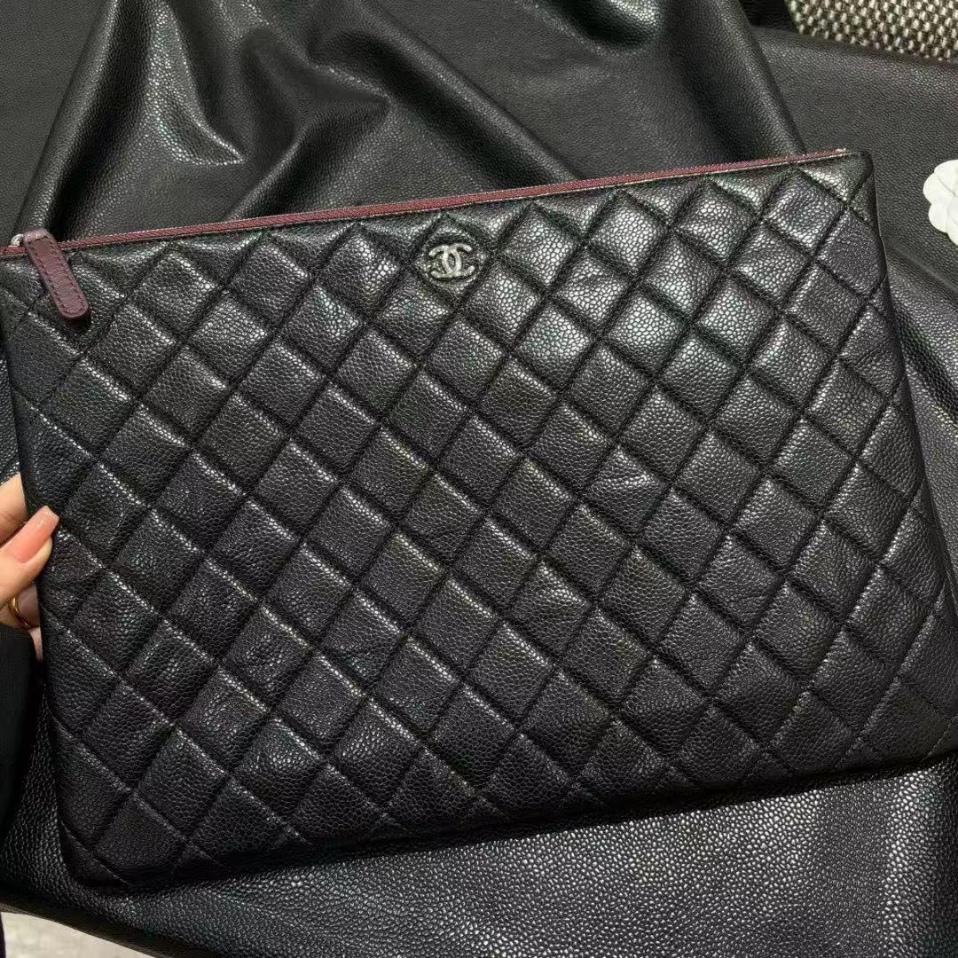 Black Leather Caviar Clutch